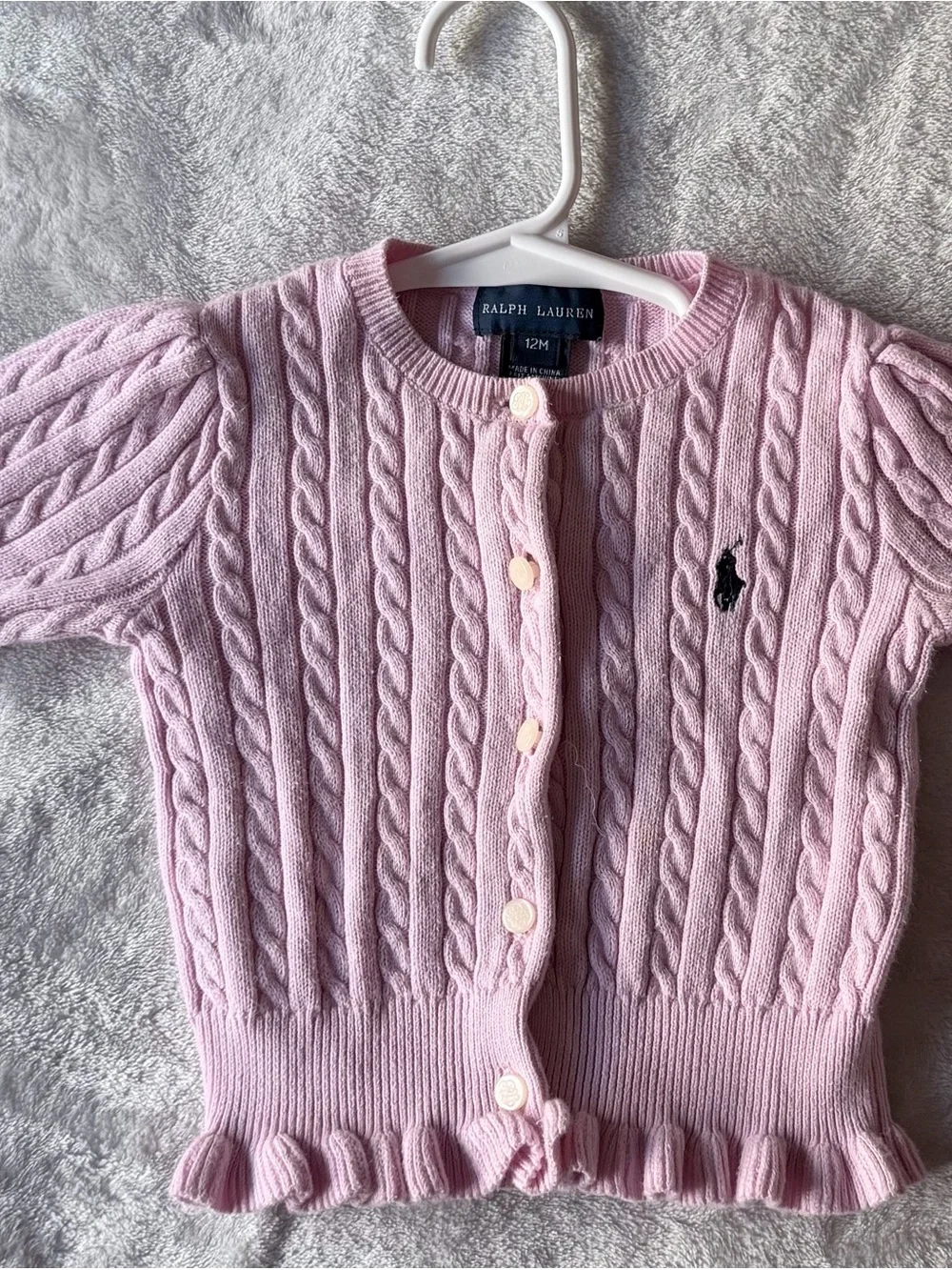 Ralph Lauren Pink Cable-Knit Baby Cardigan with Pony